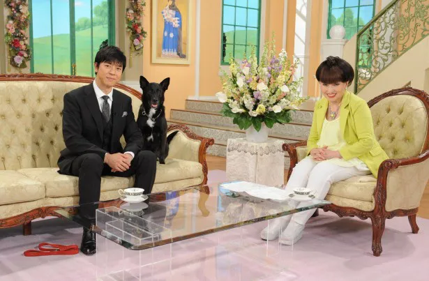 1月15日(金)の「徹子の部屋」に登場する上川隆也と、愛犬・ノワール、MCの黒柳徹子(写真左から)