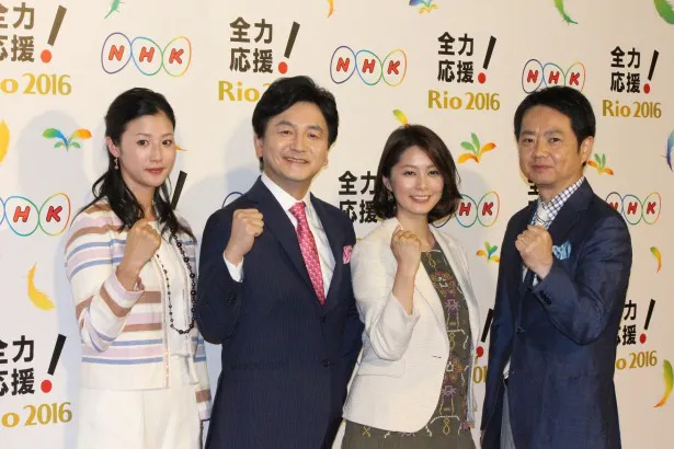 リオ五輪の開・閉会式を担当する(左から)森花子アナ、阿部渉アナ、杉浦友紀アナ、三瓶宏志アナ